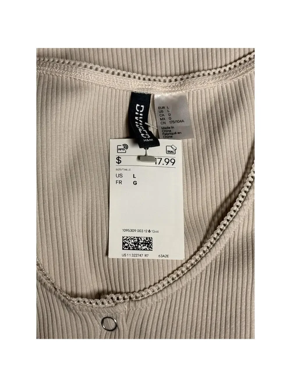 H&M Ribbed Button Front Midi Dress Beige Cream Women’s Size L Short Sleeve Women - Picture 2 of 2